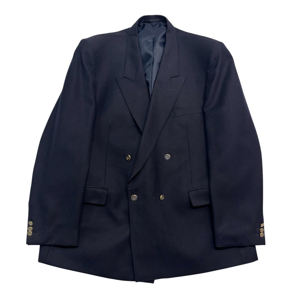 vtg Gabardine Wool 46R Navy Double Breasted Blazer Jacket England Gold Buttons